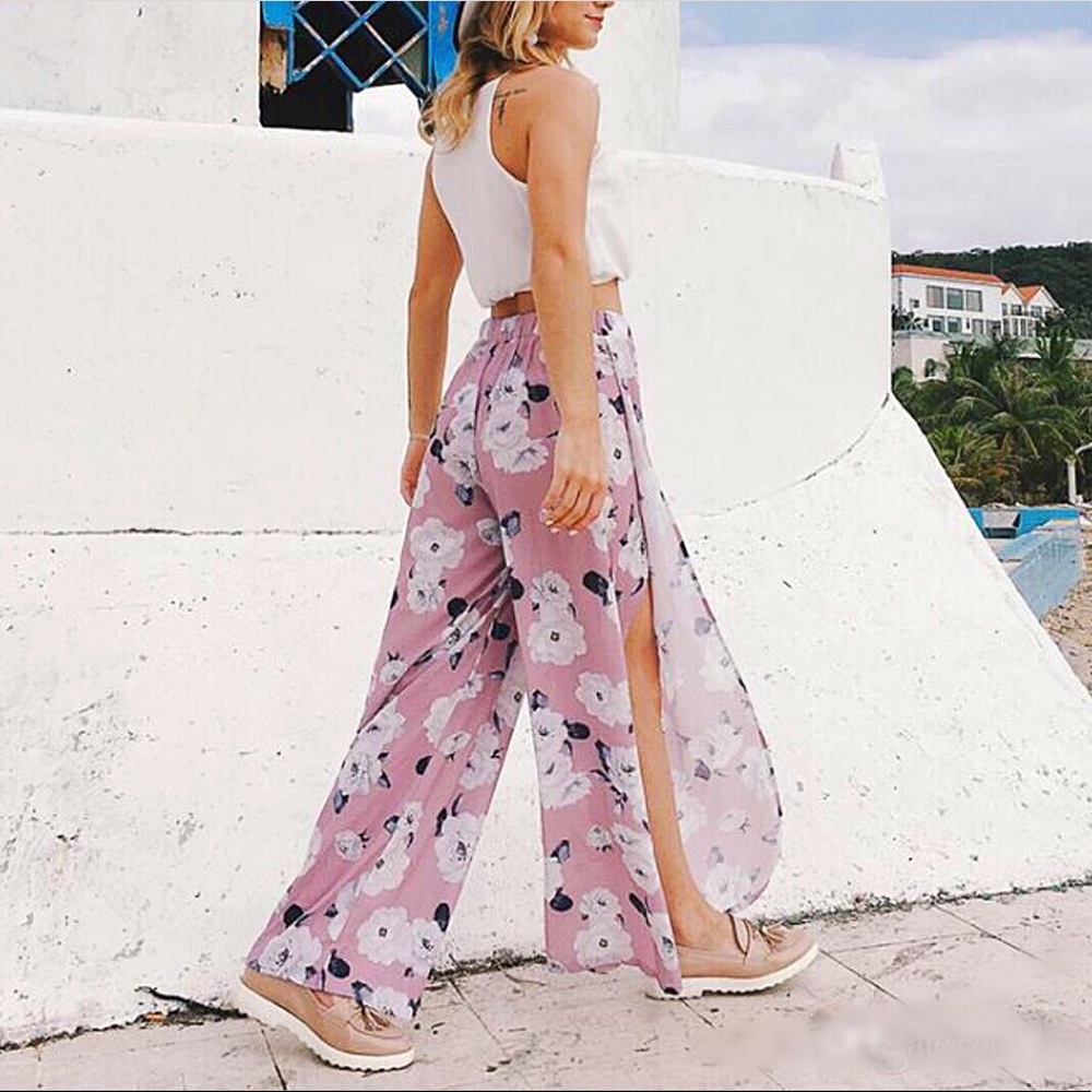 Pink & White Floral Slit Wide Beach Coverup Pants